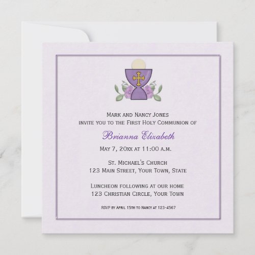 Purple Chalice First Communion Personalized Invites