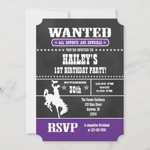 Purple Chalkboard Cowboy Birthday Invitation