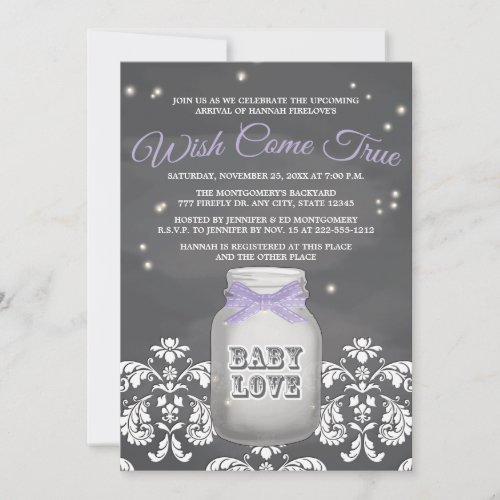 Purple Chalkboard Firefly Mason Jar Baby Shower Cards