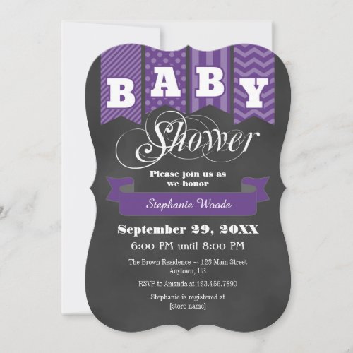 Purple Chalkboard Flag Baby Shower Invite