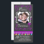 Purple Chalkboard Merry Christmas Photo Card<br><div class="desc">Merry Christmas holiday photo cards with a chalkboard look background,  lots of purple swirls and text that reads Merry Christmas,  a string of colorful tree lights in various colors,  purple hanging ornaments,  and areas you can customize these beautiful and bright holiday photo cards with your photo and names!</div>