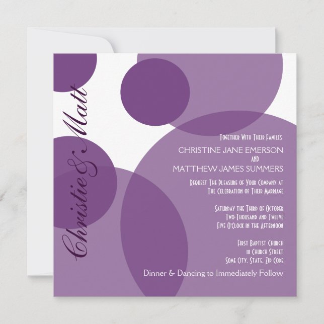 Purple Champagne Bubbles Modern Wedding Invitation (Front)
