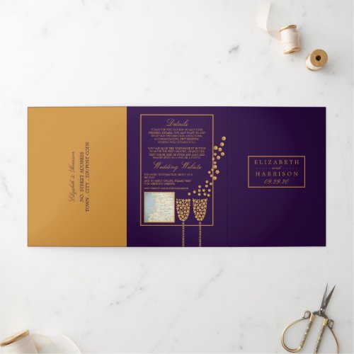 Purple Champagne Bubbles Wedding Suite Tri_Fold Invitation