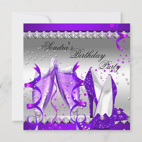 Purple Champagne Glitter Shoes Birthday Party Invitation
