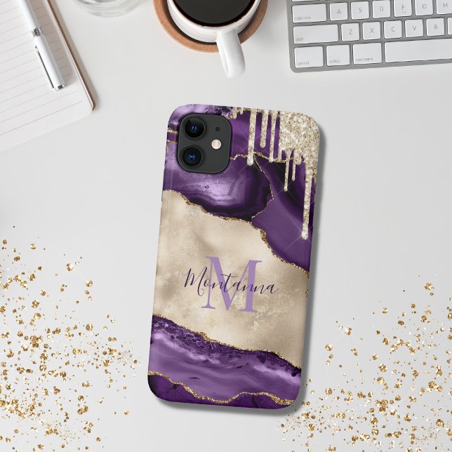 Purple, Champagne Ivory & Gold Agate Stone Case-Mate iPhone Case (purple agate)