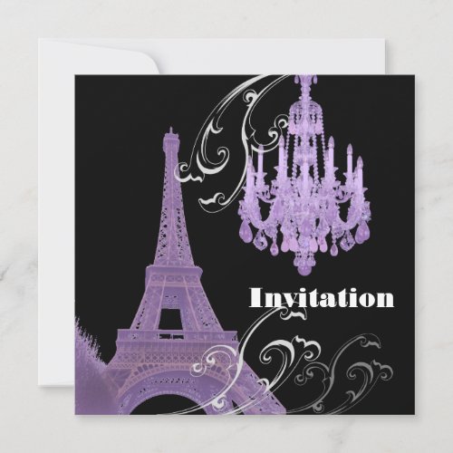 Purple  Chandelier Effiel Tower Wedding Invitation