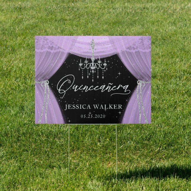 purple chandelier Quinceanera Welcome Yard Sign (Insitu)