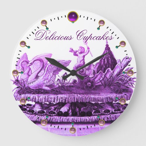 PURPLE CHARIOT OF SWANS WITH CUPCAKES AND PASTRY LARGE CLOCK