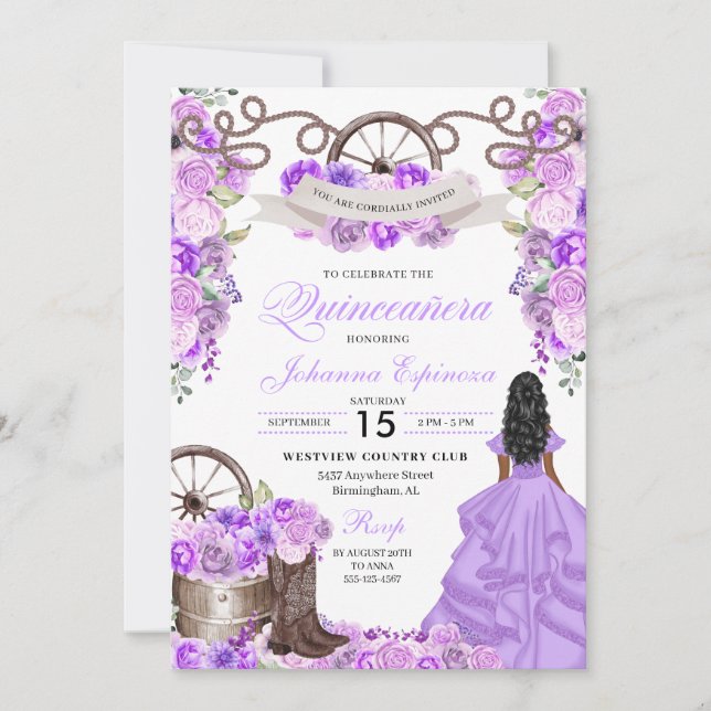 Purple Charra Princess Western Quinceanera Invitation (Front)