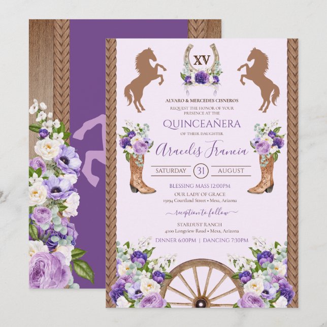 Purple Charra Quinceanera Floral Rustic Western Invitation (Front/Back)