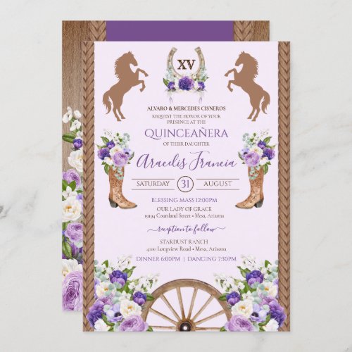 Purple Charra Quinceanera Floral Rustic Western Invitation
