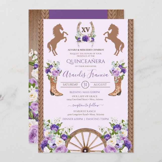 Purple Charra Quinceanera Floral Rustic Western Invitation (Front/Back)