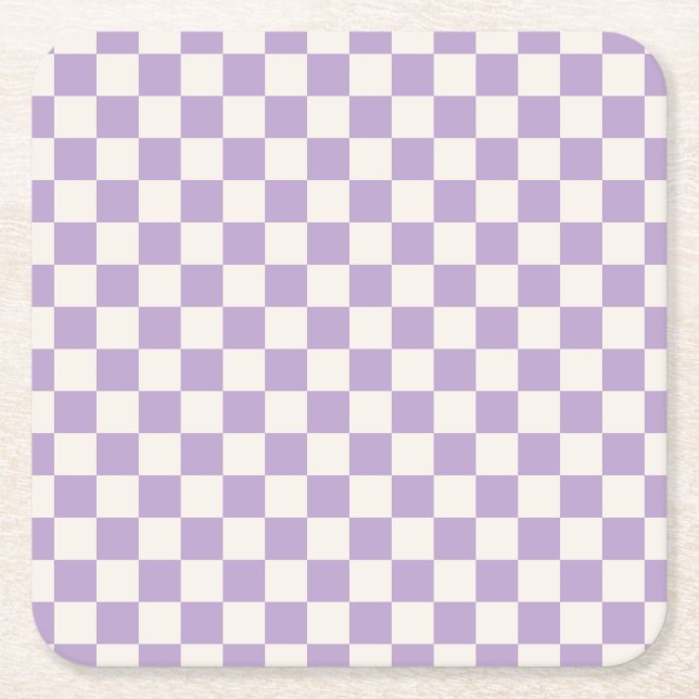 Purple Check, Checkerboard Pattern, Checkered Square Paper Coaster (Front)