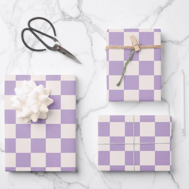 Purple Check, Checkerboard Pattern, Checkered Wrapping Paper Sheets (Front)