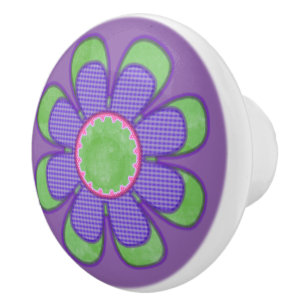 Purple Check Flower Ceramic Knob
