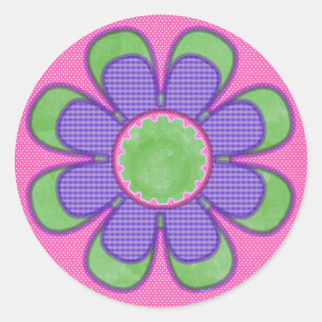 Purple Check Flower Classic Round Sticker (Front)