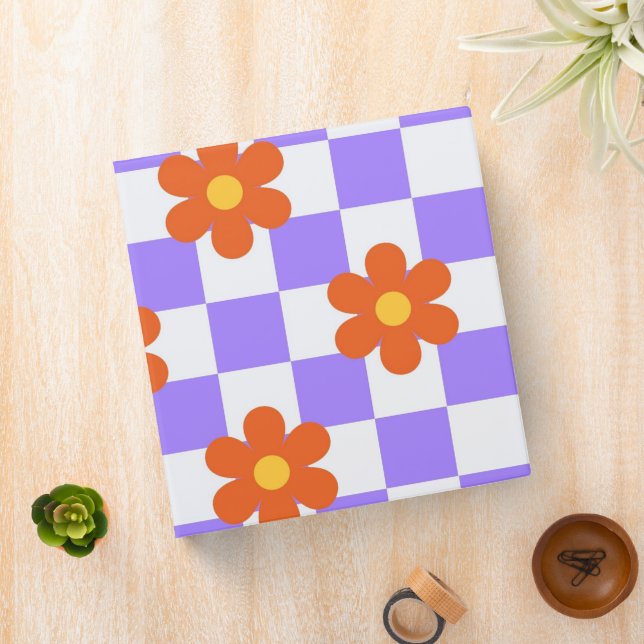 Purple Check Pattern With Orange Flower 3 Ring Binder (In Situ)