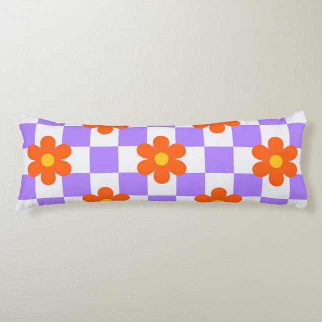 Purple Check Pattern With Orange Hippie Flower Body Pillow (Front)