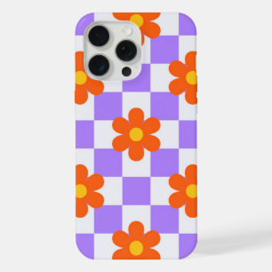 Purple Check Pattern With Orange Hippie Flower iPhone 15 Pro Max Case