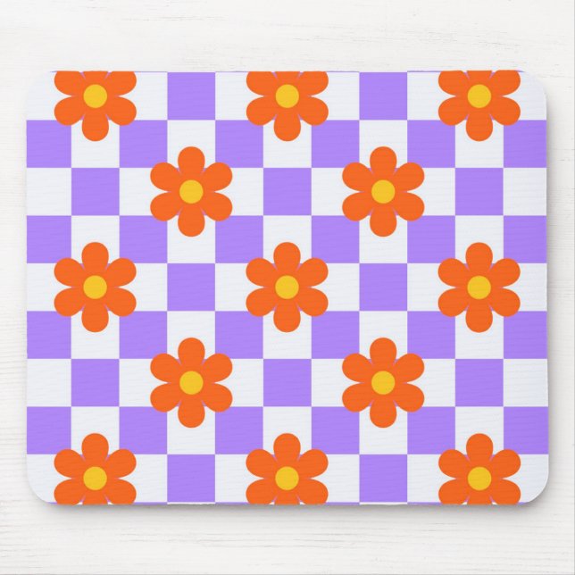 Purple Check Pattern With Orange Hippie Flower Mouse Pad (Front)