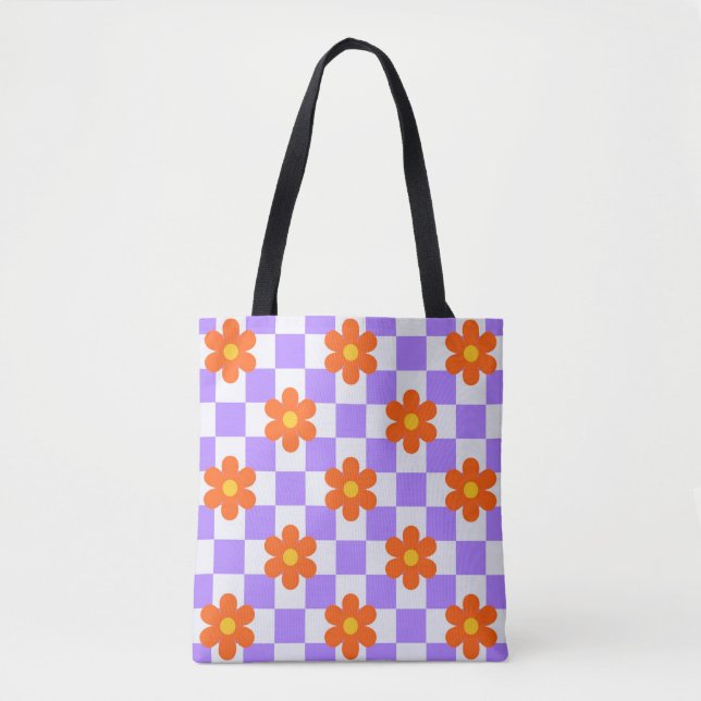 Purple Check Pattern With Orange Hippie Flower Tote Bag (Front)