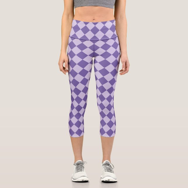 Purple Checker Diamond Pattern Capri Leggings (Front)