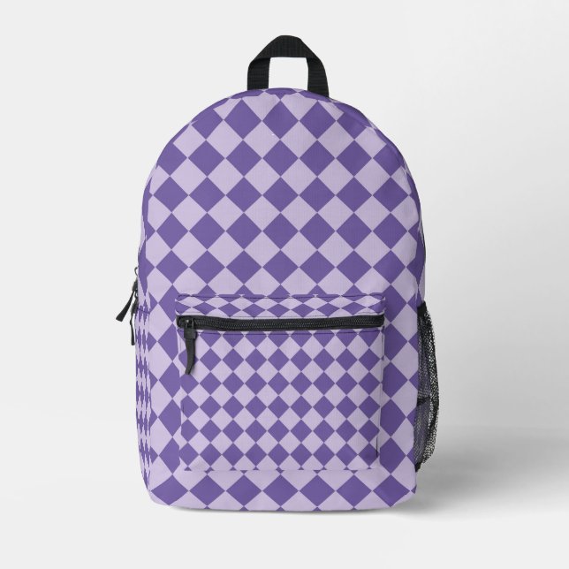 Purple Checker Diamond Pattern Printed Backpack (Front)