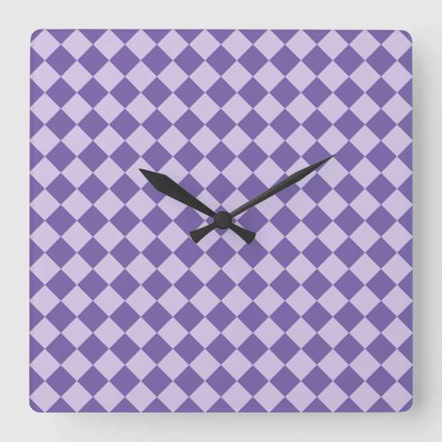 Purple Checker Diamond Pattern Square Wall Clock (Front)
