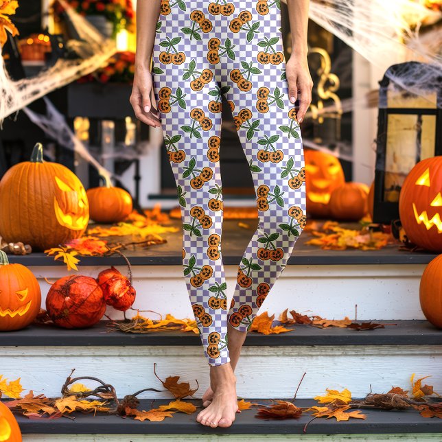 Purple Checkerboard Cherry Pumpkins Pattern Leggings (Creator Uploaded)