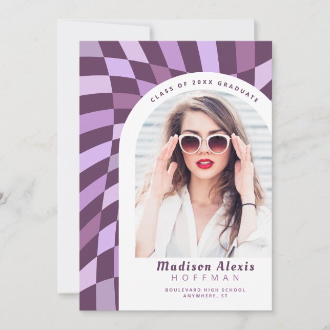 Purple Checkered Arch Photo Retro Graduation Announcement (Front)