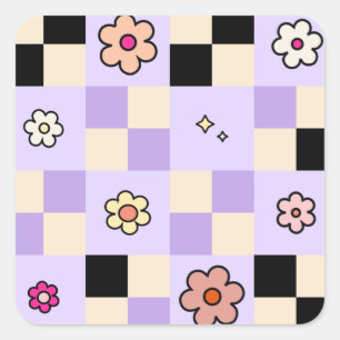 Purple Checkered Daisies Retro Flower Check Square Sticker