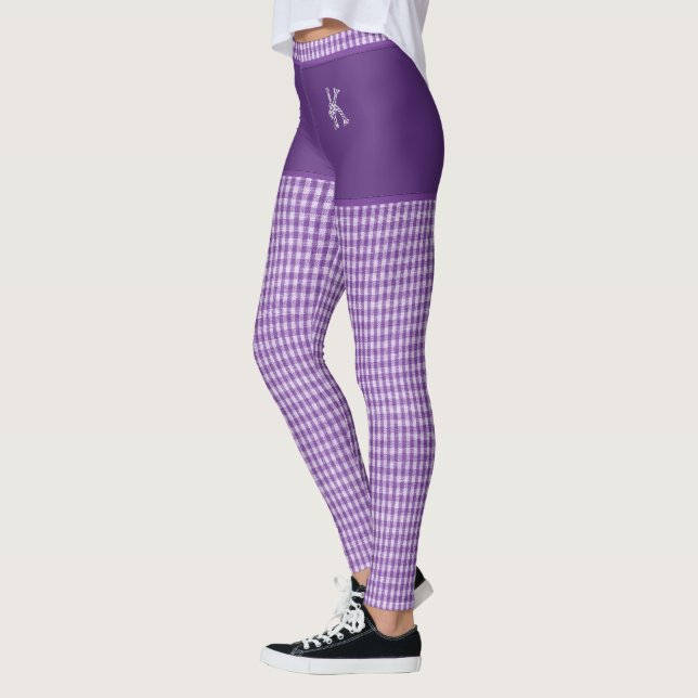 Purple Checkered Fabric Print Initial Personalized Leggings (Left)