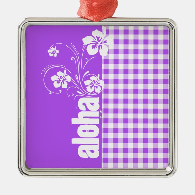 Purple Checkered Gingham; Aloha Metal Ornament (Front)