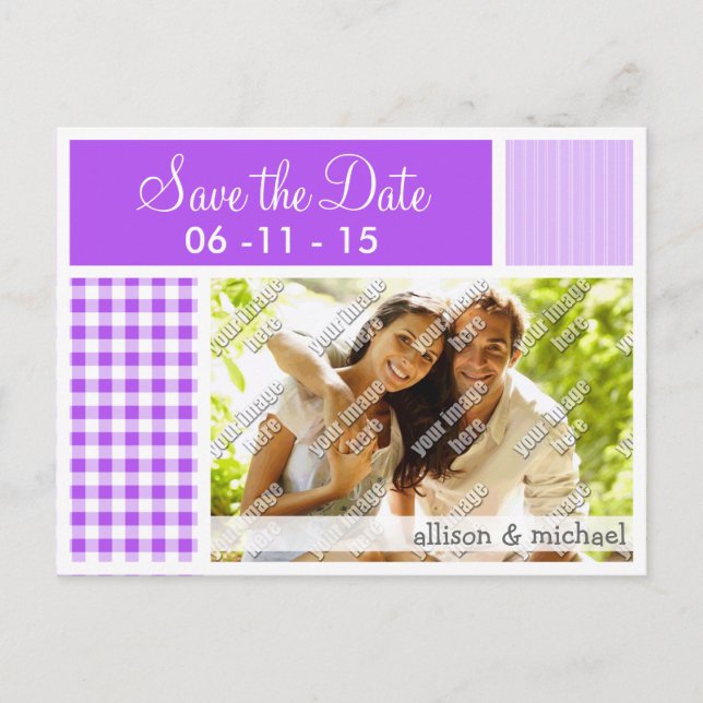 Purple Checkered Gingham Announcement Postcard (Front)