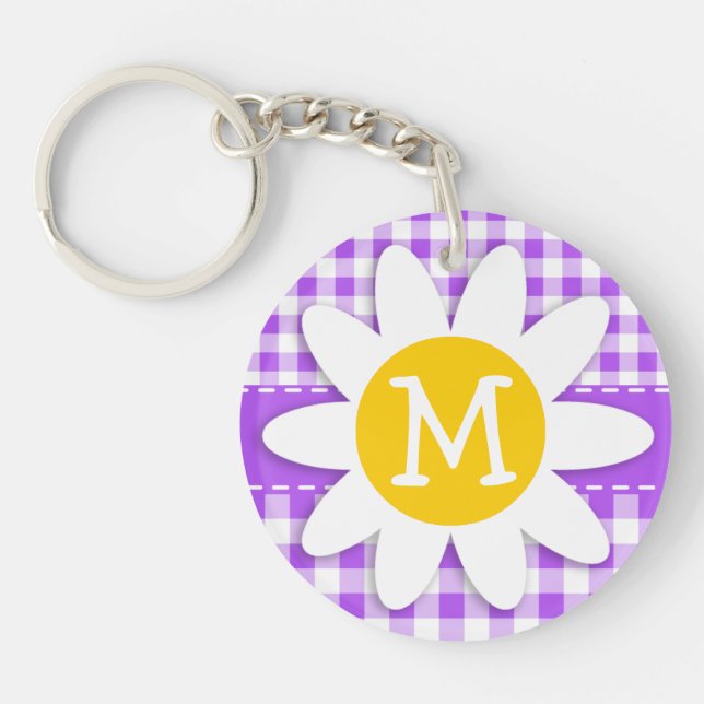 Purple Checkered Gingham; Daisy Keychain (Front)