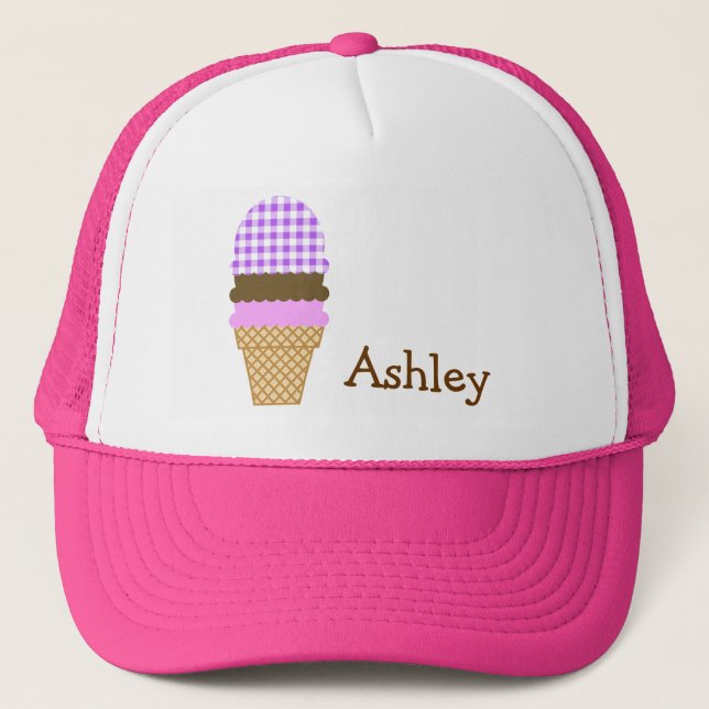 Purple Checkered Gingham; Ice Cream Cone Trucker Hat (Front)