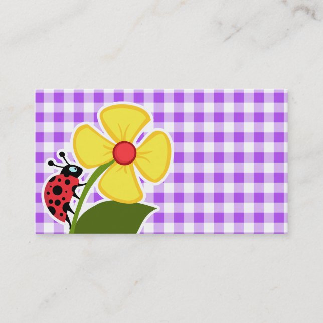 Purple Checkered Gingham; Ladybug Business Card (Front)
