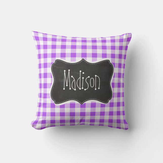 Purple Checkered Gingham; Vintage Chalkboard Throw Pillow (Front)