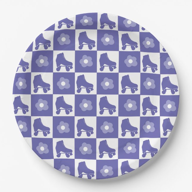Purple Checkered Roller Skate Paper Plates (Front)