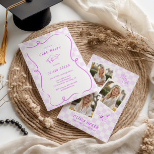 Purple Checkered Squiggle Frame Graduation Invitation
