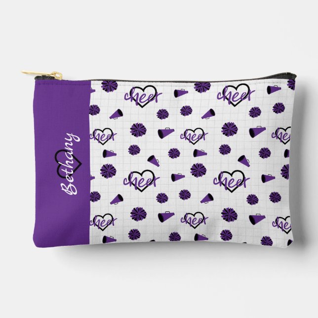 Purple Cheer Hearts, Pom Poms, Megaphone Pattern Accessory Pouch (Front)