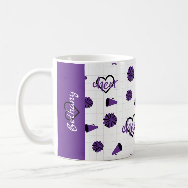 Purple Cheer Hearts, Pom Poms, Megaphone Pattern Coffee Mug (Left)