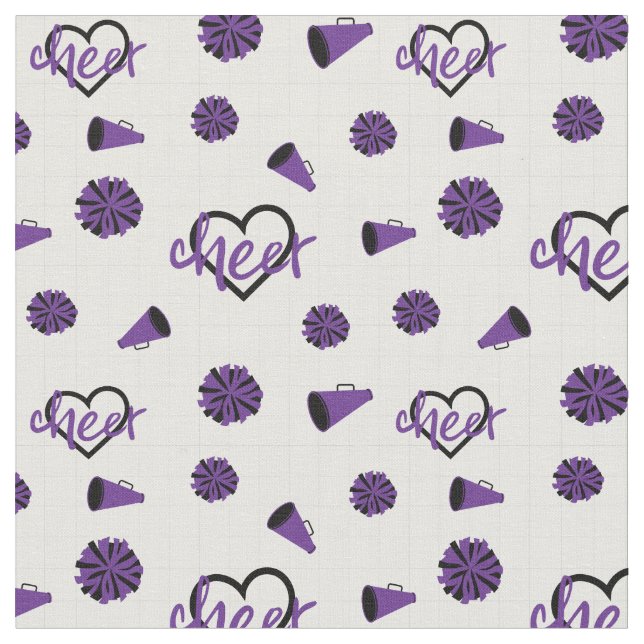 Purple Cheer Hearts, Pom Poms, Megaphone Pattern Fabric (Close Up)