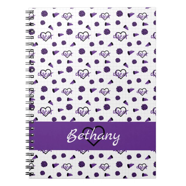 Purple Cheer Hearts, Pom Poms, Megaphone Pattern Notebook (Front)