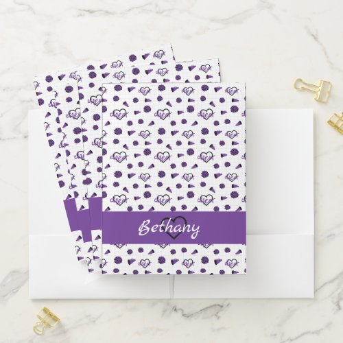 Purple Cheer Hearts Pom Poms Megaphone Pattern Pocket Folder