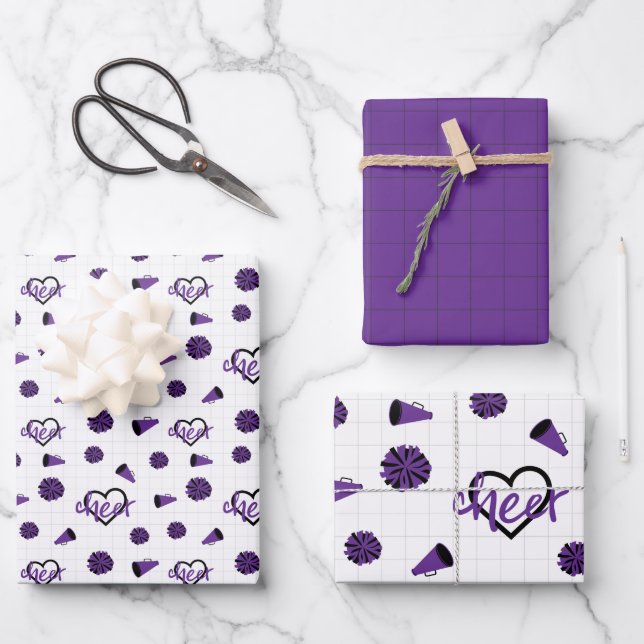 Purple Cheer Hearts, Pom Poms, Megaphone Pattern Wrapping Paper Sheets (Front)