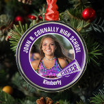 Purple Cheerleader Photo High School Christmas Metal Ornament<br><div class="desc">This cool customized high school cheerleader photo gift features white typography of your team and player name on a purple Christmas ornament with a CHEER megaphone. Personalize with your student's photograph and class year as a proud cheerleading parent. A great gift for a proud mom or dad.</div>