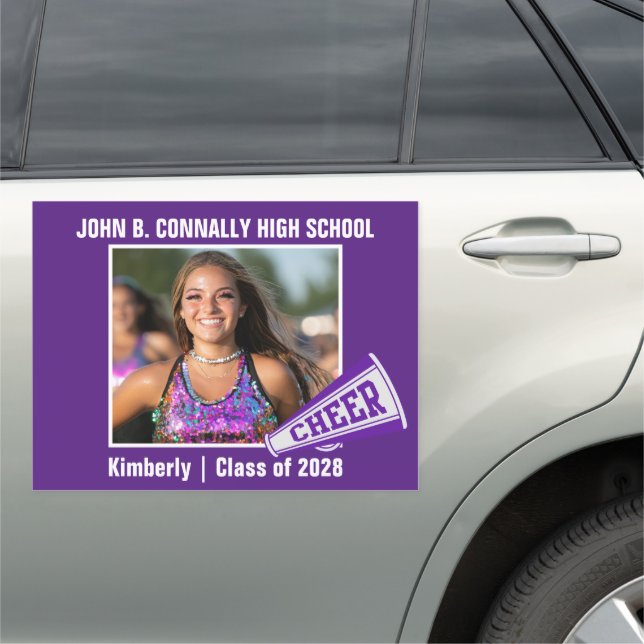 Purple Cheerleader Photo High School Spirit Large Car Magnet (In Situ)