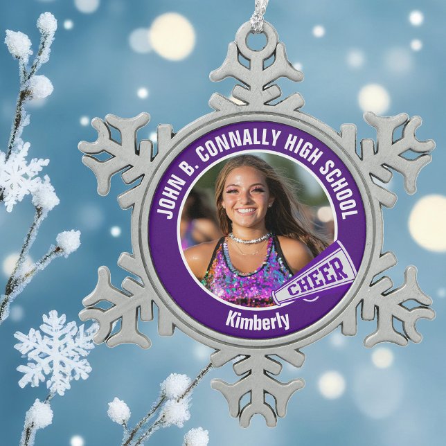 Purple Cheerleader Photo Personalized Snowflake Pewter Christmas Ornament (Creator Uploaded)