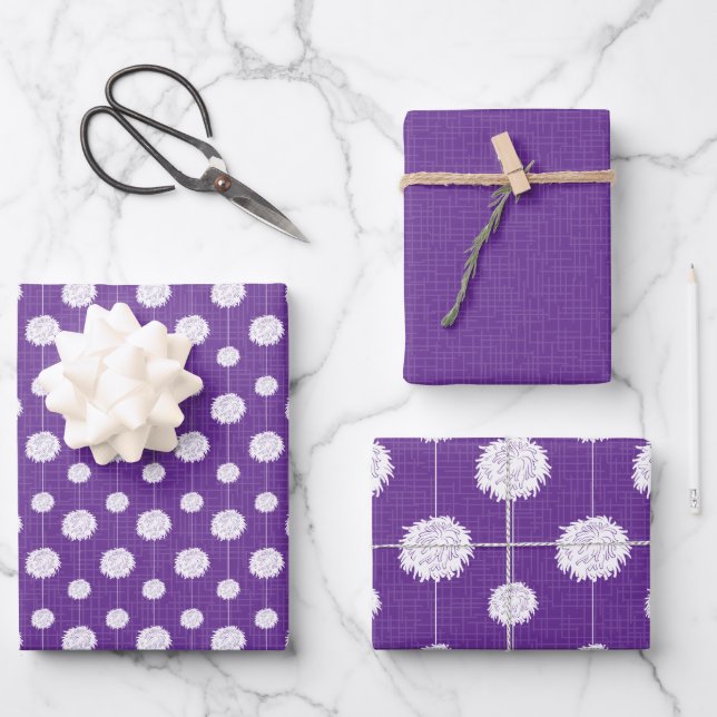 Purple Cheerleader Pom Pom Pattern Wrapping Paper Sheets (Front)